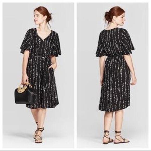 A New Day Leaf Print Black Shirtdress Short Bell Sleeve Tie Waist Size M  EUC - Picture 1 of 8